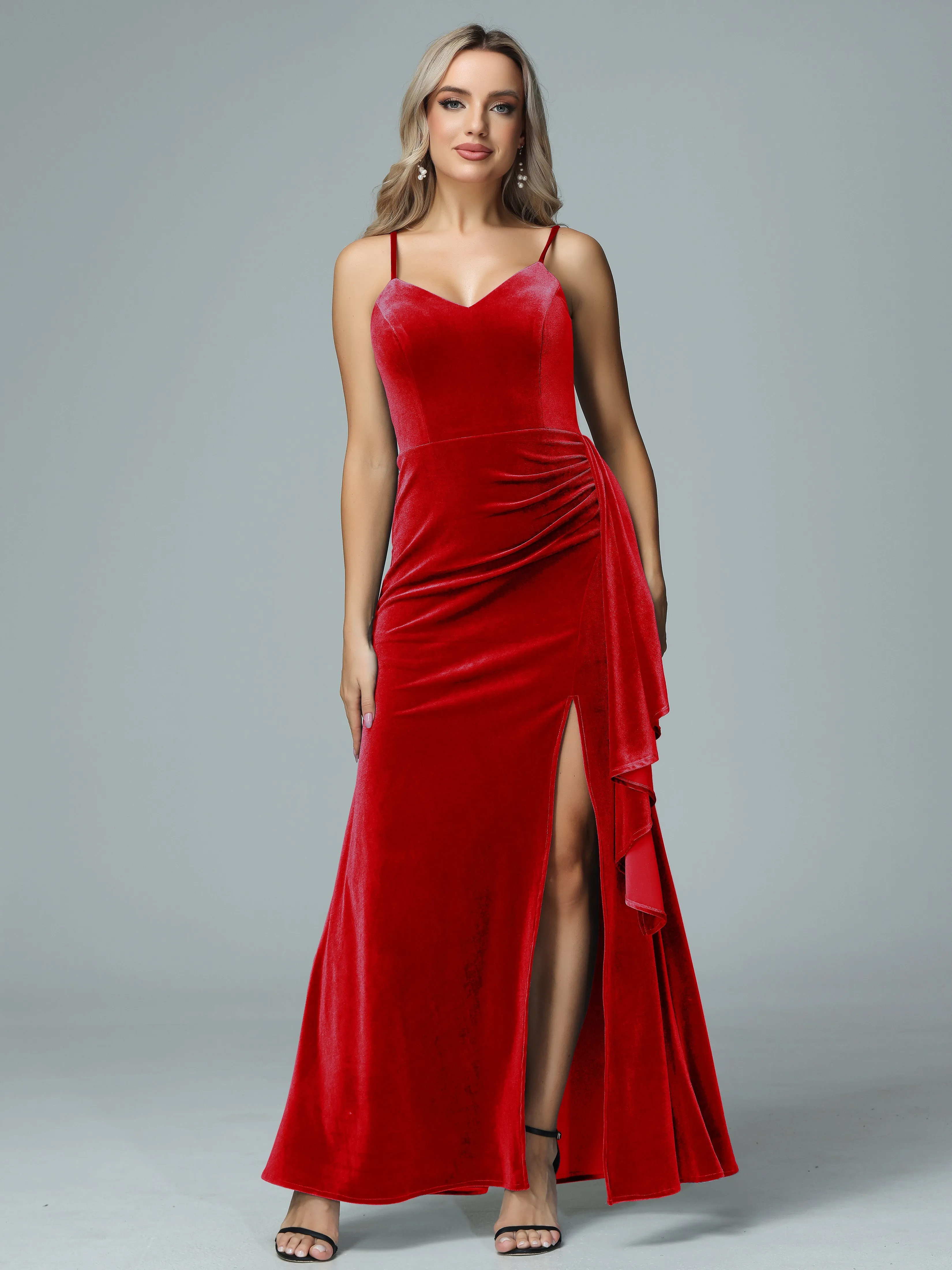 Spaghetti Straps V-neck Velvet Bridesmaid Dresses with Slit