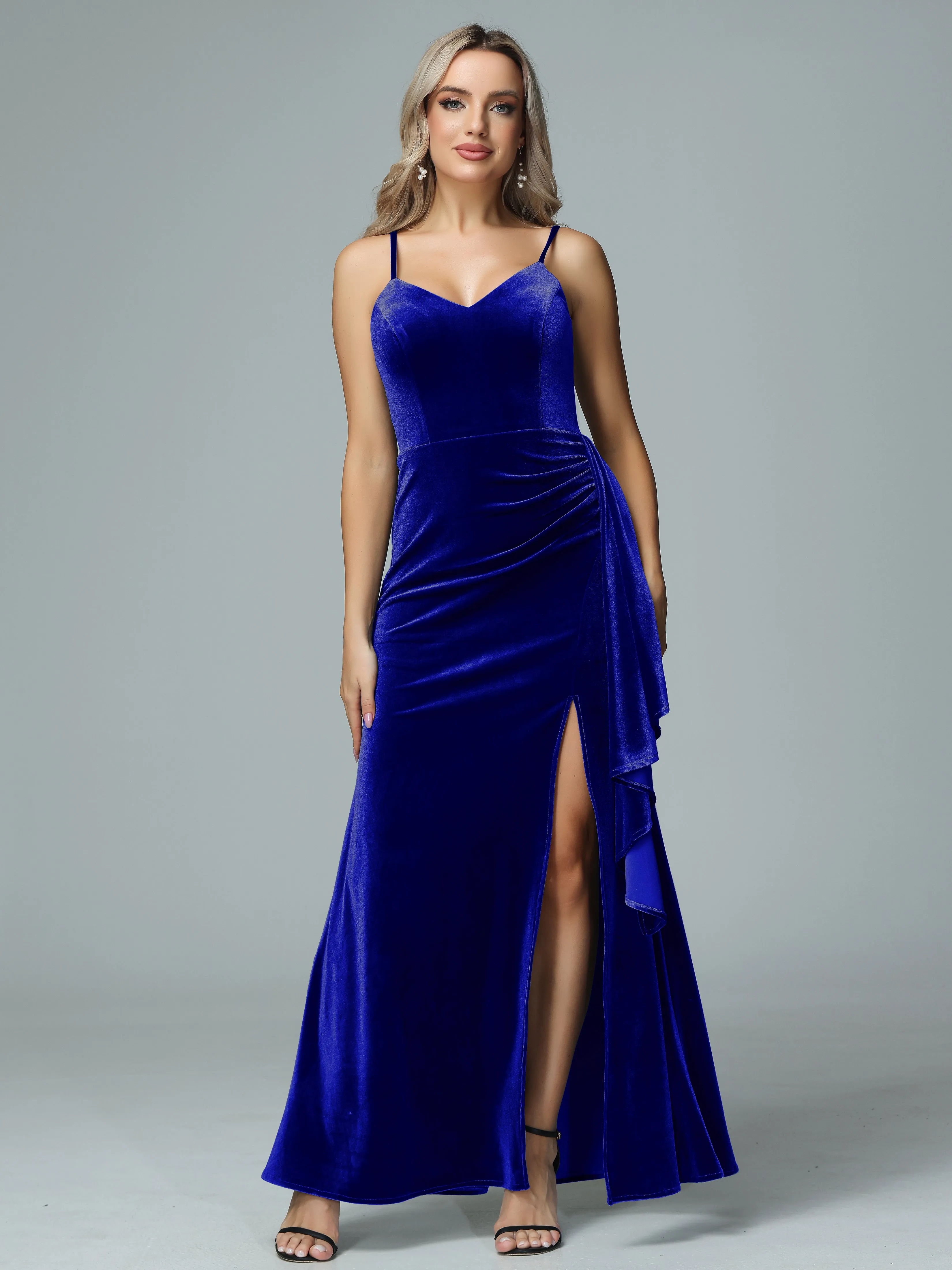 Spaghetti Straps V-neck Velvet Bridesmaid Dresses with Slit