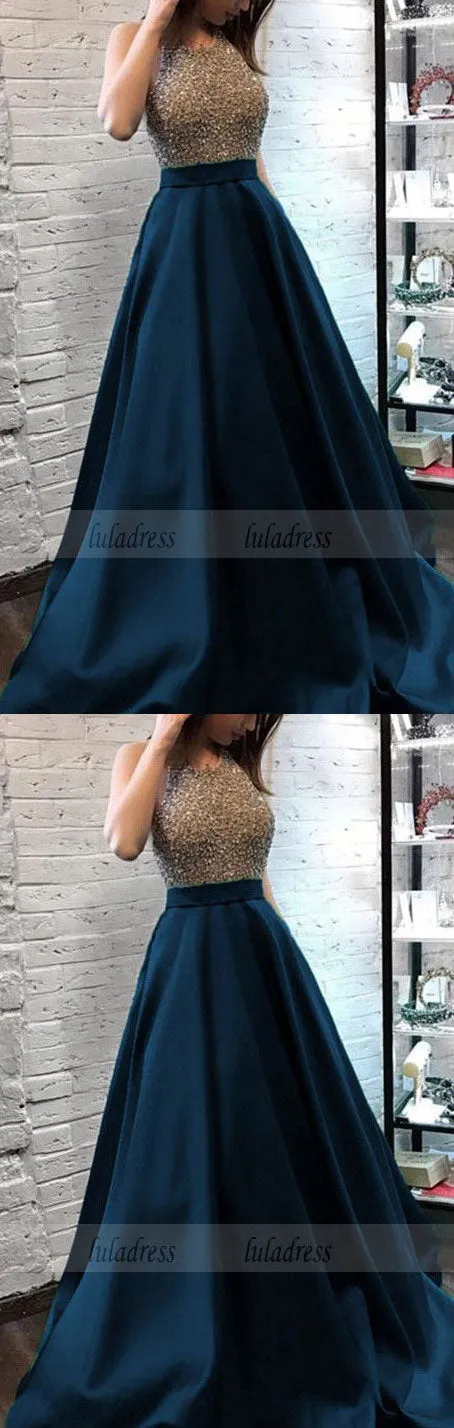 Sparkly Beaded Halter Long Satin Evening Gowns Open Back Prom Dresses