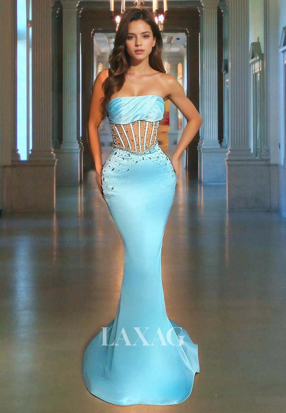 Strapless Beaded illusion Sleek Satin Mermaid Party Prom Formal Evening Dress