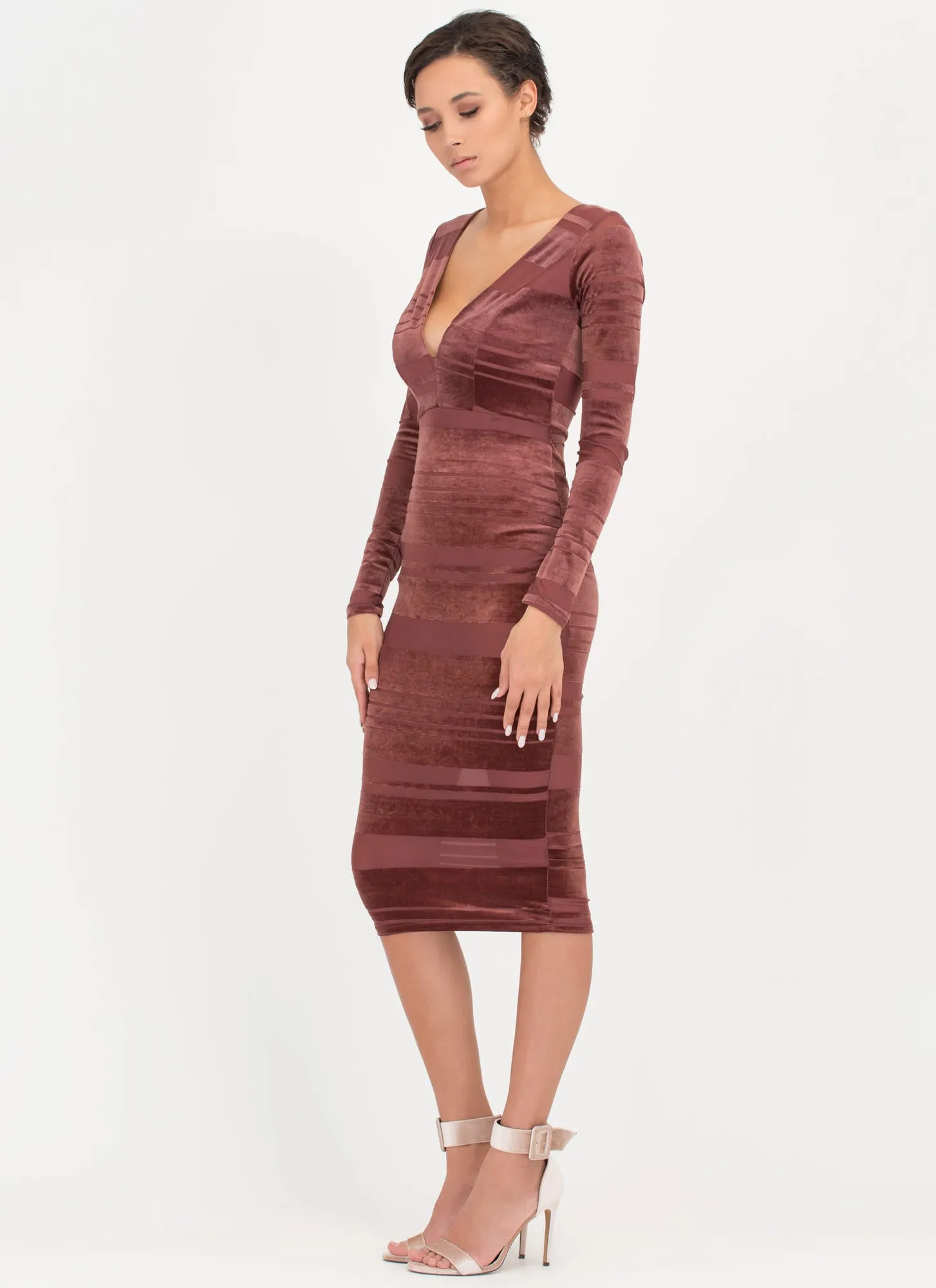 Stripe Out Plunging Mesh Velvet Dress