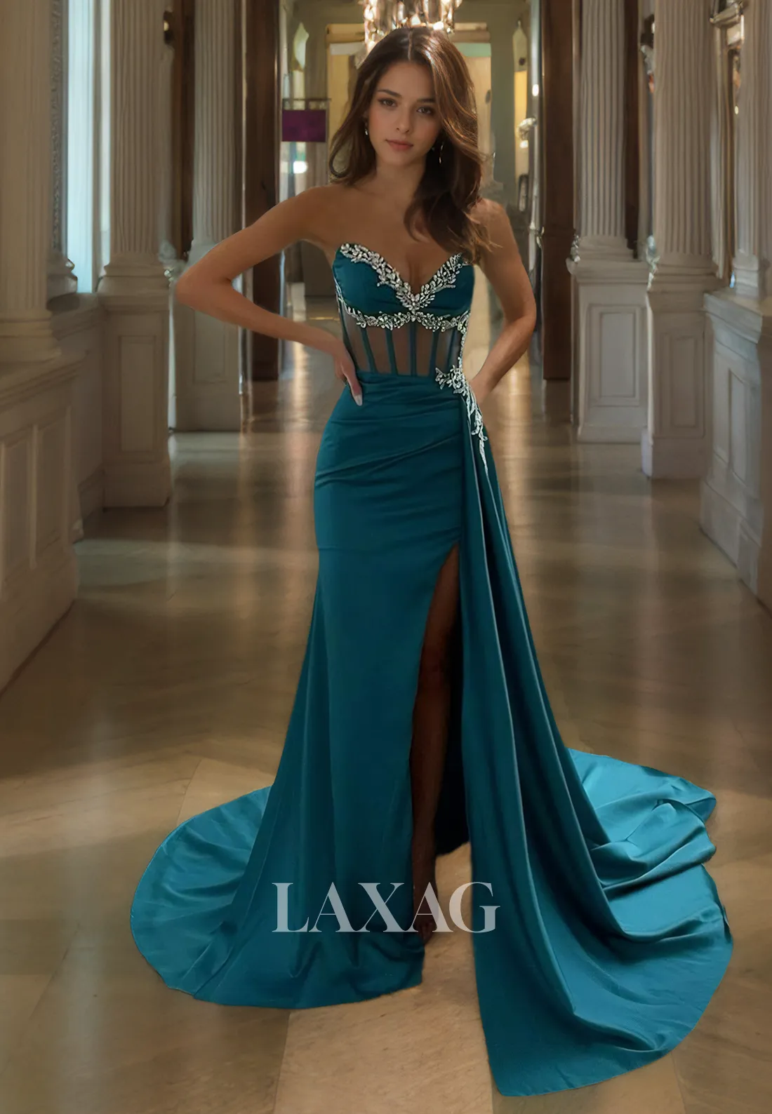 Sweetheart Sleeveless Formal Gowns Beaded Cutout Slit with Sweep Train Fitted Prom Dress