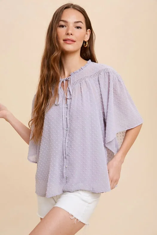 Swiss Dot Chiffon Button Front Blouse  DOVE GREY