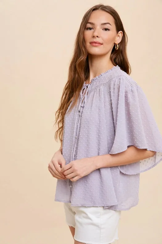 Swiss Dot Chiffon Button Front Blouse  DOVE GREY