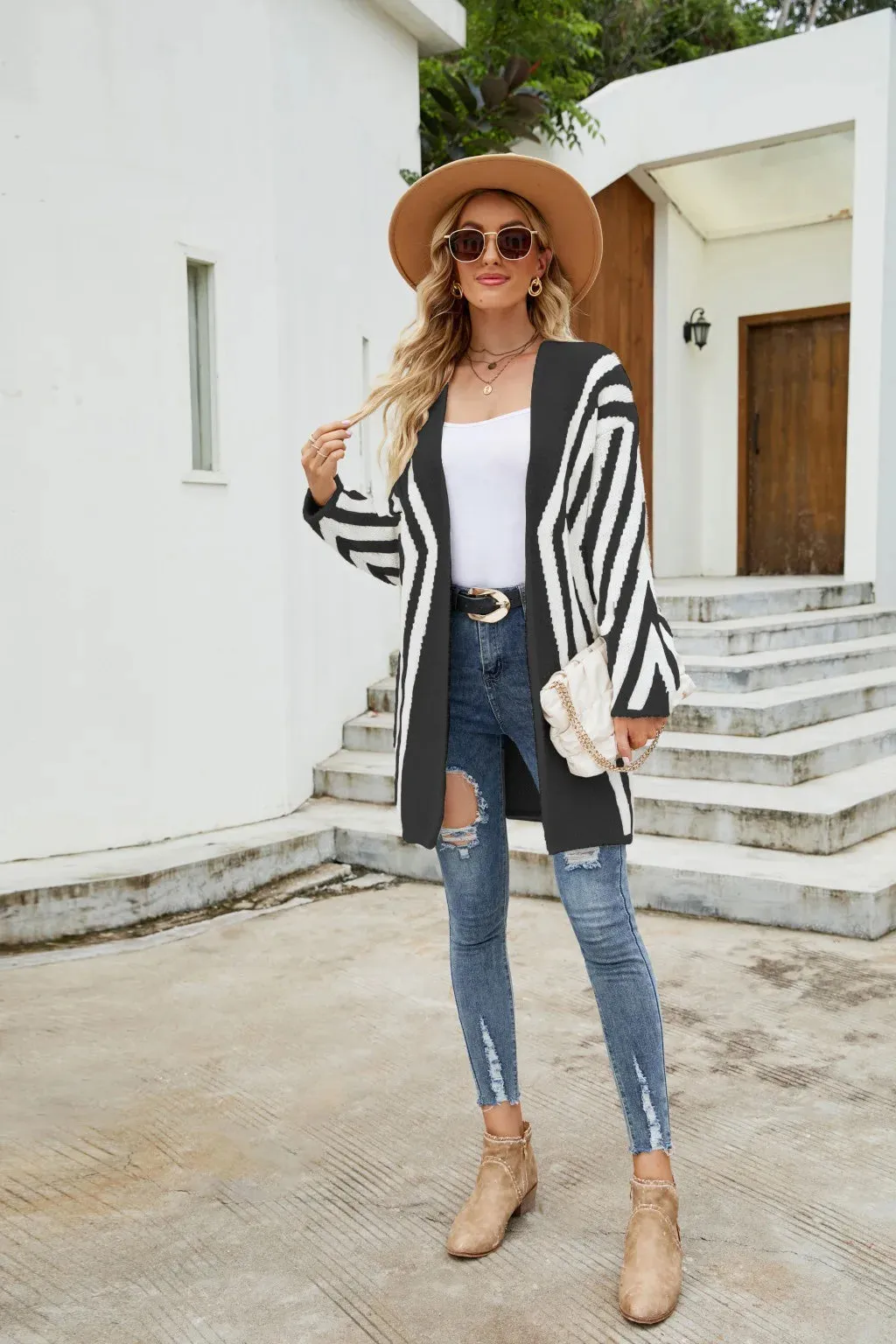 V-Neck Diamond Stripe Knitted Color Block Autumn Winter New Women Coats