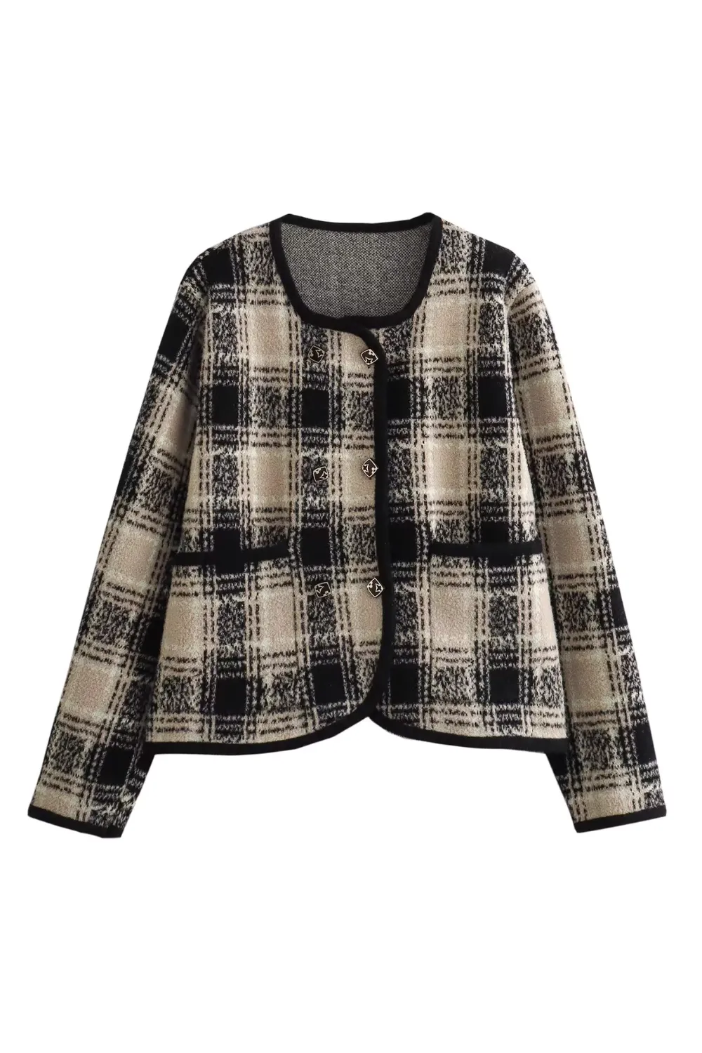 'Wanda' Double-Breasted Square Neck Knitted Plaid Jacket