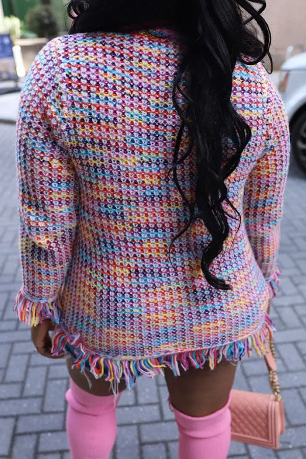 xiangtuibao Rainbow Gradient Sweet Tassel Knitted Coat